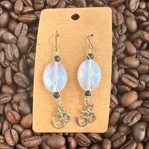 Opalite Bead OM Charm Drop Earrings - Iridescent Blue-Purple